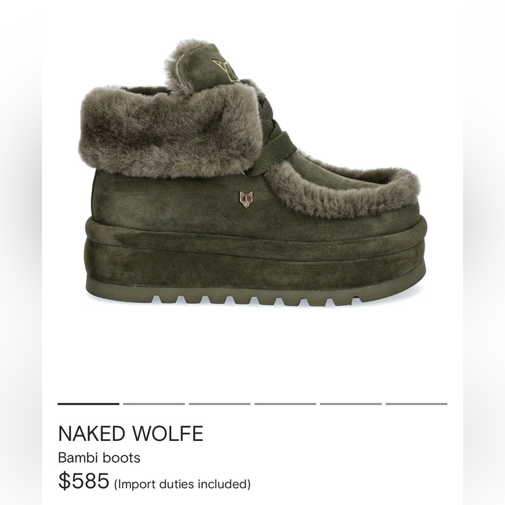 Naked Wolf Bambi Boots in dark olive suede and shearling size 8